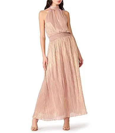 Lesllie Foiled Plisse Chiffon High Neck Sleeveless Blouson Maxi Dress by Steve Madden