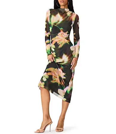 Mo Floral Printed Mesh Mock Neck Long Sleeve Midi Dress