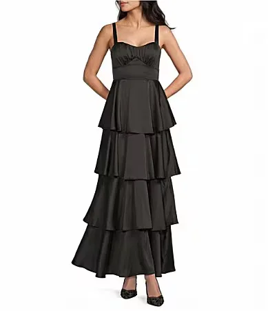 Satin Sweetheart Neck Tiered Ruffle Long Dress by Midnight Doll
