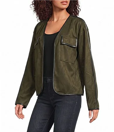 Faux Suede Collarless Long Sleeve Open Front Jacket by Liverpool Los Angeles