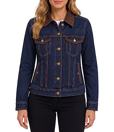 Stretching Denim Velvet Point Collar Long Sleeve Trucker Jacket by Liverpool Los Angeles