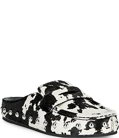 Melodee Cow Print Calf Hair Studded Penny Loafer Mules by Donald Pliner