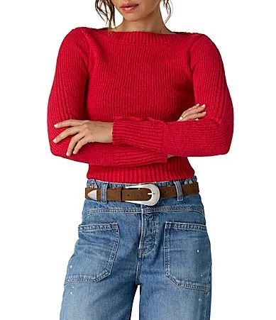 Mila Boat Neck Long Sleeve Ribbed Knit Pullover Sweater by Free People