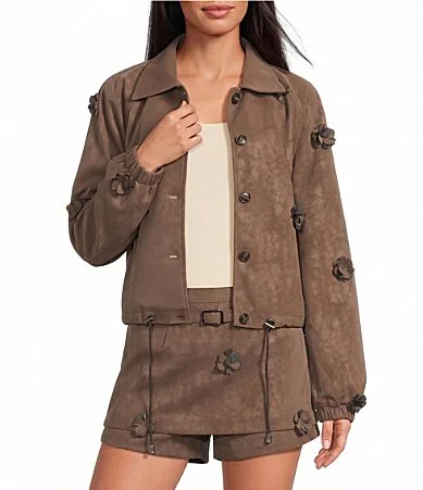 Hazel Faux Suede 3D Floral Applique Collared Long Sleeve Coordinating Jacket by Line and Dot