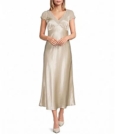 Paris Clarabelle V-Neck Cap Sleeve Lace Trim Satin Maxi Dress by Lucy