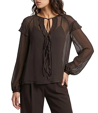 Woven Mllgela Crew Neck Long Raglan Sleeve Ruffle Blouse by Marella