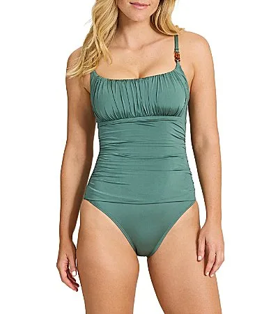 Solid Jewel Sands Shirred Square Neck Maillot One Piece Swimsuit by Tommy Bahama