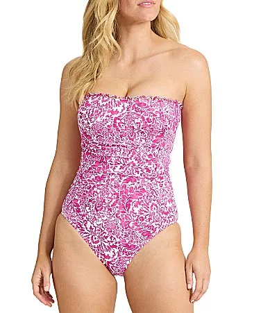 Paisley Daze Scallop Trim Tummy Control Bandeau One Piece Swimsuit by Tommy Bahama