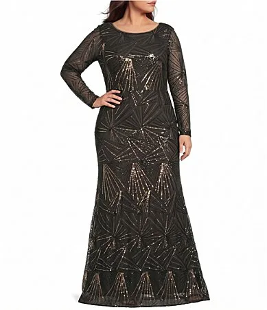 Sequin Boat Neck Long Sleeve Full Length Dress by Betsy & Adam