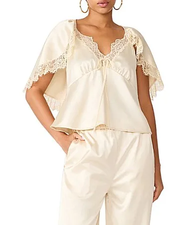 Maryana Satin Lace Trim V-Neck Cape Sleeve Coordinating Top by Steve Madden