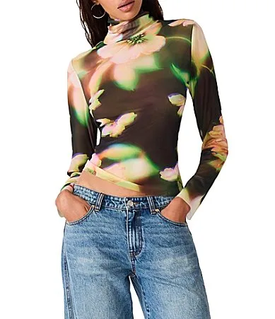 Fiona Floral Printed Mesh Mock Neck Long Sleeve Knit Top by Steve Madden