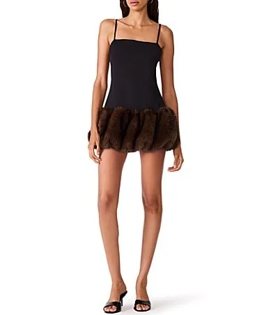 Sherlie Square Neck Sleeveless Faux Fur Hem Drop-Waist Mini Dress by Steve Madden