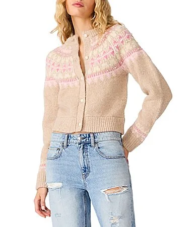 Harriet Fair Isle Round Neck Long Sleeve Button Front Cardigan Sweater
