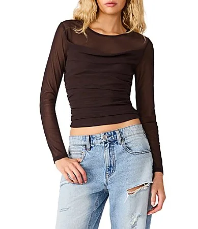 Lillie-Marie Power Mesh Round Neck Cowl Draped Long Sleeve Top by Steve Madden