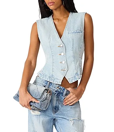 Pressley V-Neck Sleeveless Button Up Peplum Denim Vest by Steve Madden