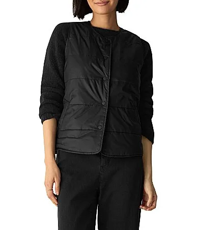 Eggshell Quilted Woven Round Neck Sleeve Vest by Eileen Fisher