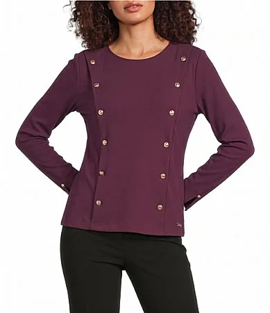Ribbed Knit Crew Neck Long Sleeve Gold Tone Double Side Buttons Detail Top by Karl Lagerfeld