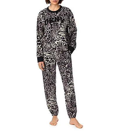 DKNY Animal Print Long Sleeve Round Neck Stretch Fleece Jogger Pajama Set by Donna Karan