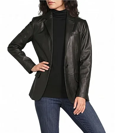Lauren Ralph Lauren Lambskin Notch Collar Long Sleeves Single Button Blazer by Ralph Lauren