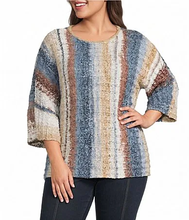 Knit Yarn Dye Multi Stripe Round Neck 34 Sleeve Sweater by Ali Miles