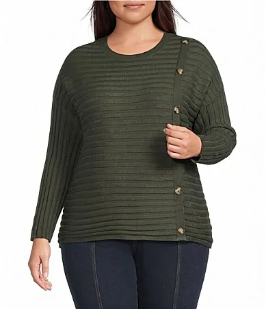 Ribbed Knit Round Neck Long Sleeve Button Detail Sweater by Ali Miles