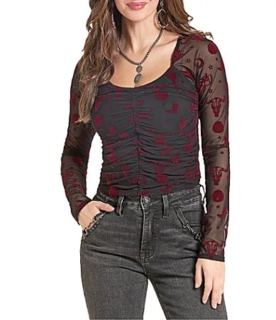 Flocked Print Long Sleeve Top by Rock & Roll Denim