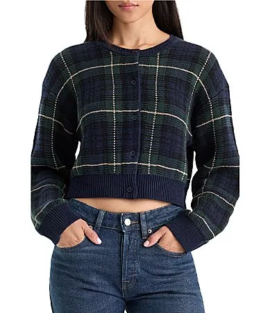 The Jacquard Plaid Printed Crew Neck Long Sleeve Cropped Cardigan by GOOD AMERICAN