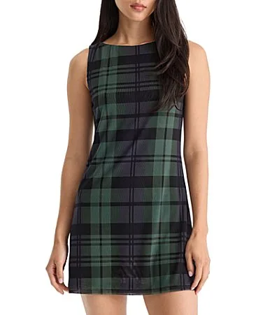 The Mesh Plaid Printed Boat Neck Sleeveless Mini Dress by GOOD AMERICAN