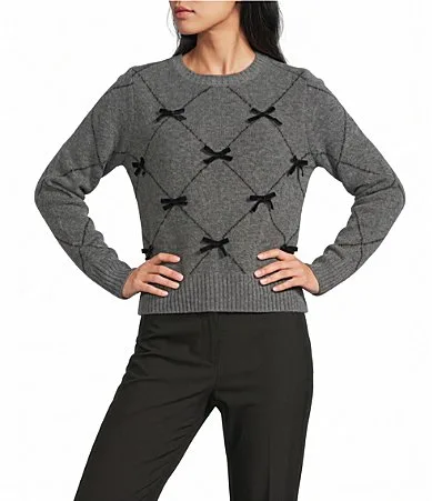 Diamond Stitch Bow Velvet Long Puff Sweater by In San Francisco