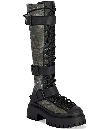 Lyra Camouflage Buckle Strap Tall Platform Combat Boots by Azalea Wang