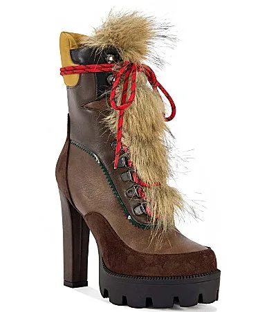 Leader Hiker Lace Faux Fur Accent Lug Platform Booties by Azalea Wang