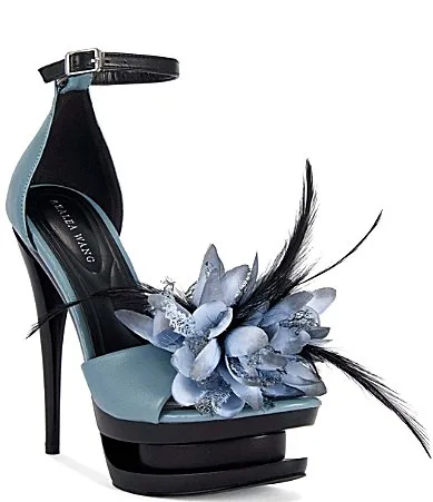 Velvetine Feather Flower Ankle Strap Architectural Platform Sandals by Azalea Wang