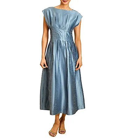Dupioni Boat Neck Cap Sleeve Pintuck Pleated Dress by Mestiza New York