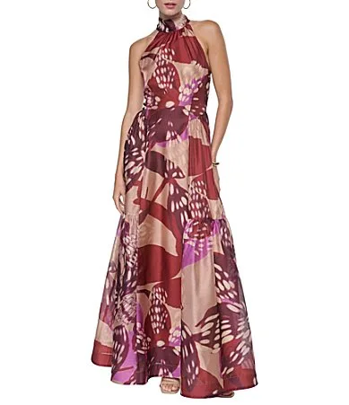 High Neck Halter Sleeveless Printed Shimmer Organza Long Dress by Halston