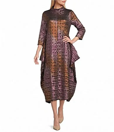 IC Collection Puckered Ombre Foil Woven Mock Neck 34 Sleeve Midi Swing Dress by Ic Collection