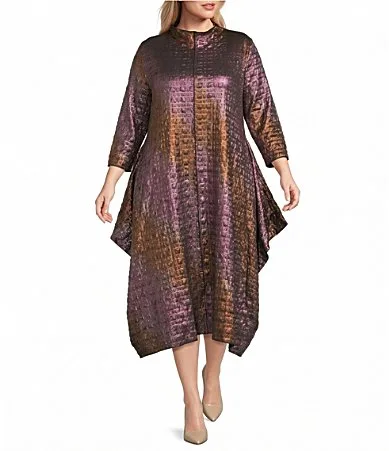 IC Collection Puckered Ombre Foil Woven Mock Neck 34 Sleeve Midi Swing Dress by Ic Collection