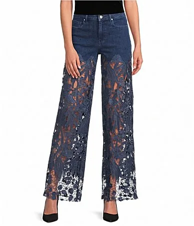 Bayeas Stretch Denim High Rise Lace Embellished Wide Leg Ankle Jeans by Bayeas