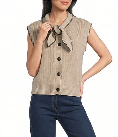 Skies Are Blue Blanket Stitch Tie Neck Cap Sleeve Button Front Sweater Knit Top by Skies Are Blue
