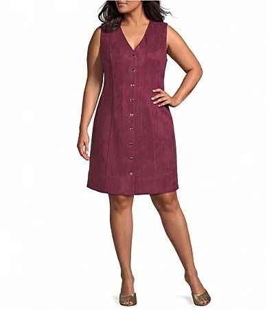 Skies Are Blue Faux Suede V-Neck Sleeveless Button Front A-Line Dress by Skies Are Blue