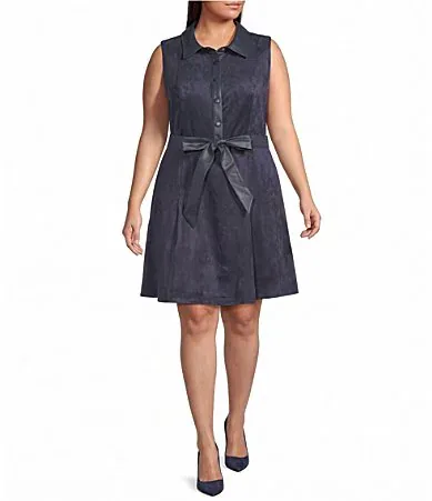 Skies Are Blue Faux Suede Collared Sleeveless Contrast Trim Belted Dress by Skies Are Blue