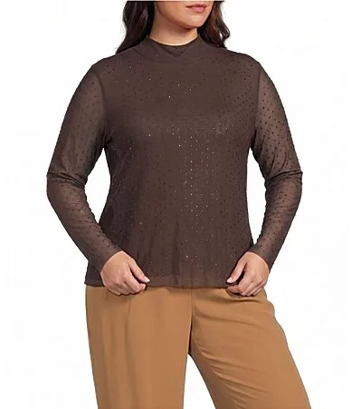 Skies Are Blue Embellished Mock Neck Long Sleeve Mesh Top by Skies Are Blue