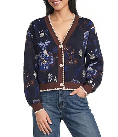 Skies Are Blue Intarsia Floral Printed V-Neck Long Sleeve Button Front Cardigan by Skies Are Blue