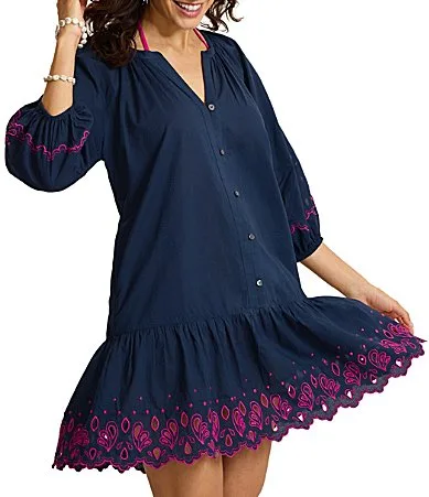 Tommy Bahama Eyelet Cove Covers Embroidered Split V-Neck Button Front Spa Dress Swim Cover-Up by Tommy Bahama