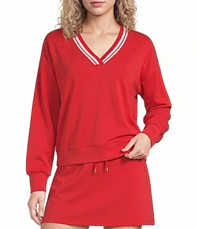 V-Neck Varsity Inspired Contrast Trim Long Sleeve Top by Copper Key