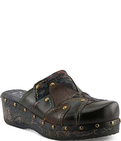 Olympe Studded Mix Leather Platform Wedge Clogs by Lartiste