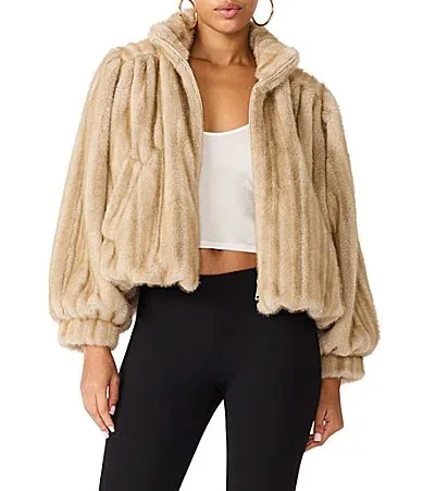 Deedee High Neck Long Sleeve Bubble Hem Channeled Faux Fur Jacket by Steve Madden