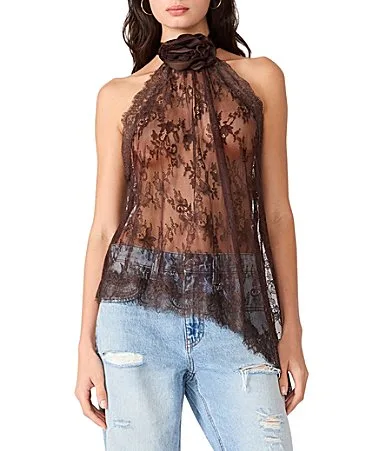 Roselle Satin Rosette Halter Neck Sleeveless Asymmetric Hem Lace Top by Steve Madden