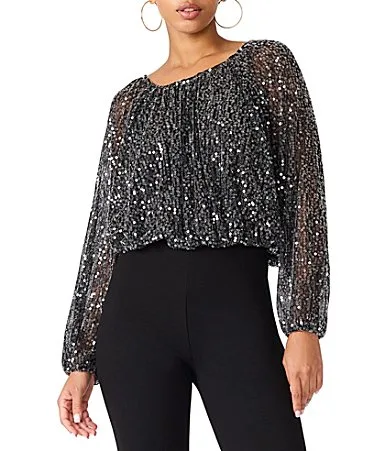 Beverlie Scoop Neck Long Bubble Sleeve Sequin Mesh Top