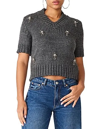 Sandie Beaded Embellished V-Neck Short Sleeve Sweater Top by Steve Madden
