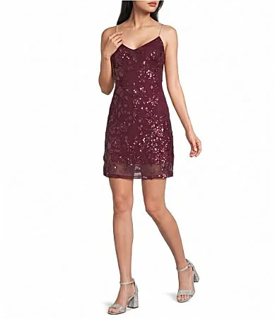 Beaded Sequin Mesh V-Neck Rhinestone Strap Tie Back A-Line Dress by Midnight Doll